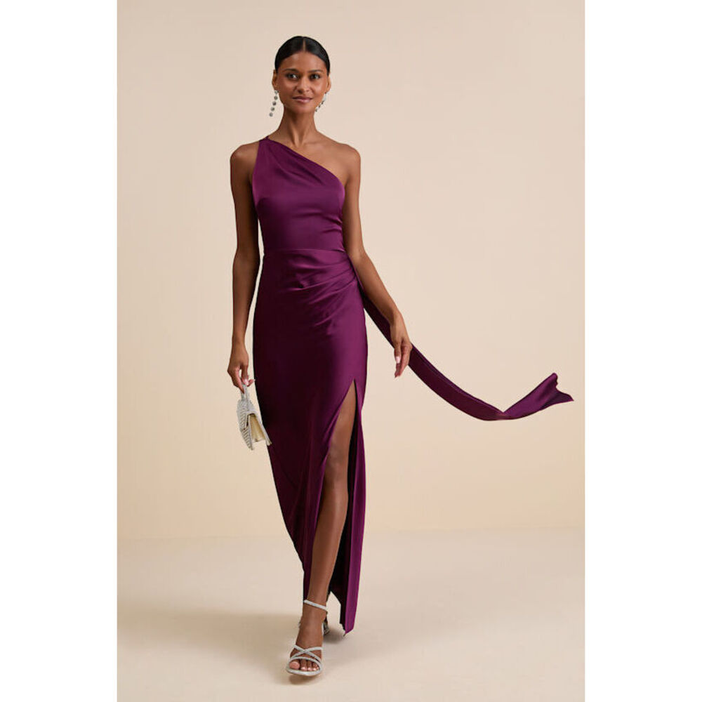 Lulus Signature Elegance Plum Purple Satin One-shoulder Maxi Dress - Size M